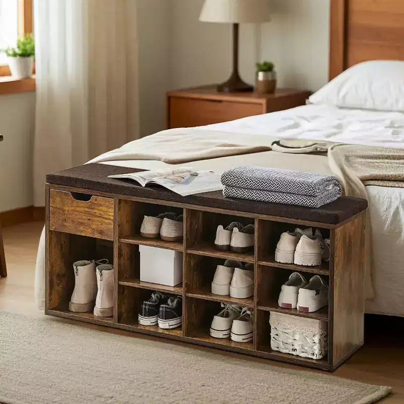 Storage Bench, Entryway Bench with Cushion, Drawer and Open Compartments, Bench with Storage, for Living Room, Bedroom, Closet