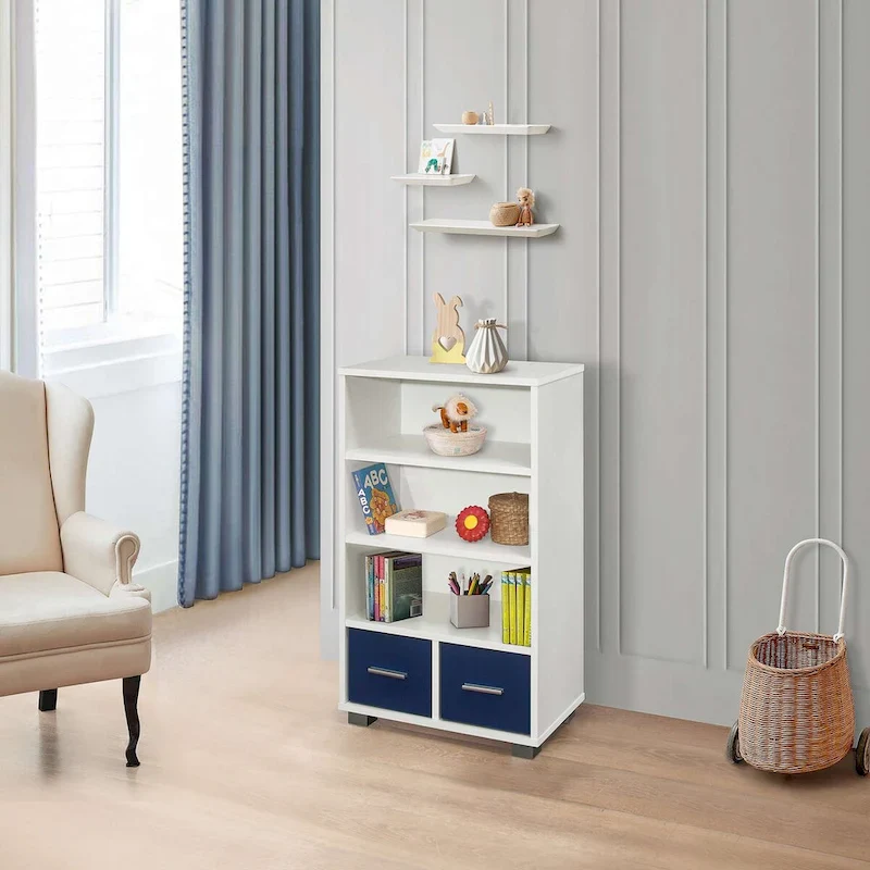 White & Blue Kids Bookcase with 3 Shelves & 2 Drawers, 1-2 Users