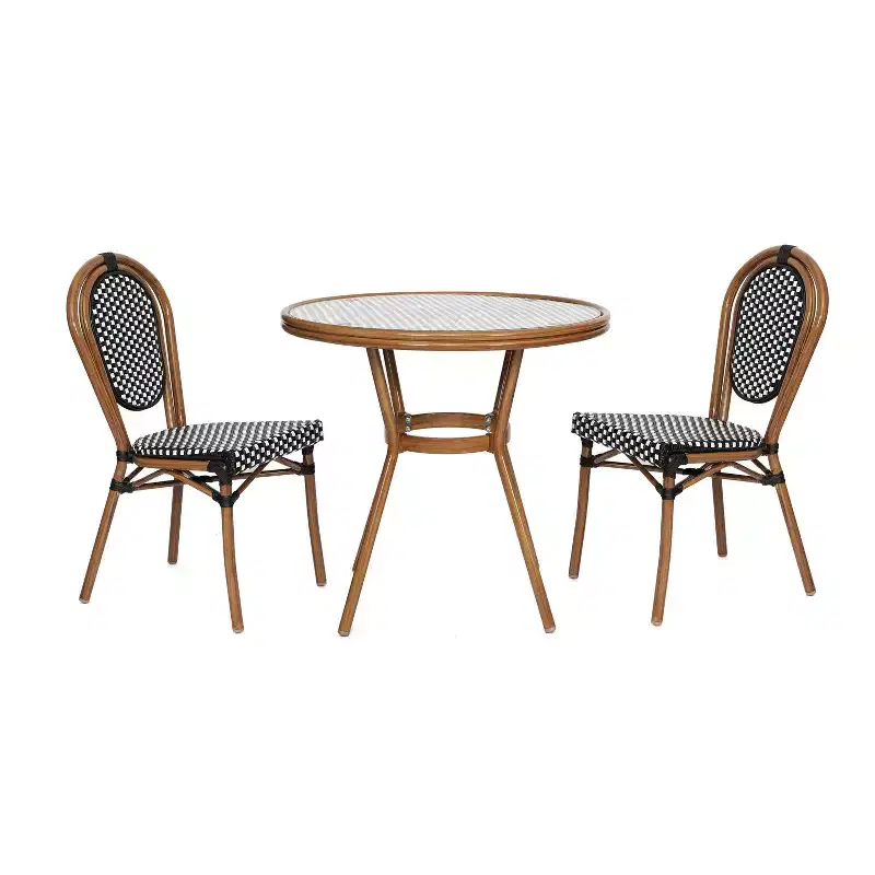Emma & Oliver Colmar Indoor/Outdoor Bistro Style 31.5 in. Table with Black & White PE Rattan, Glass Top, and Two Chairs - Natural Frame