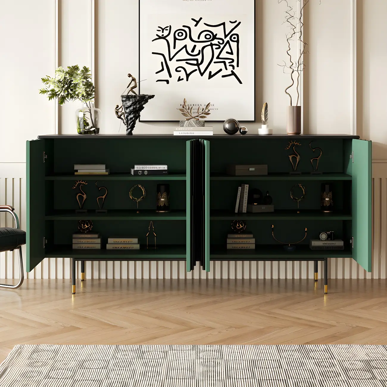 Unique Glam Wooden Sideboard Cabinet in Green/Brown