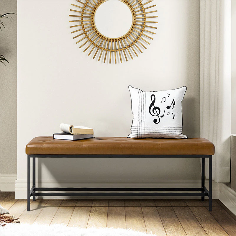 Button-Tufted Upholstered Bench with Black Metal Legs | Camel / Black / Beige | Single