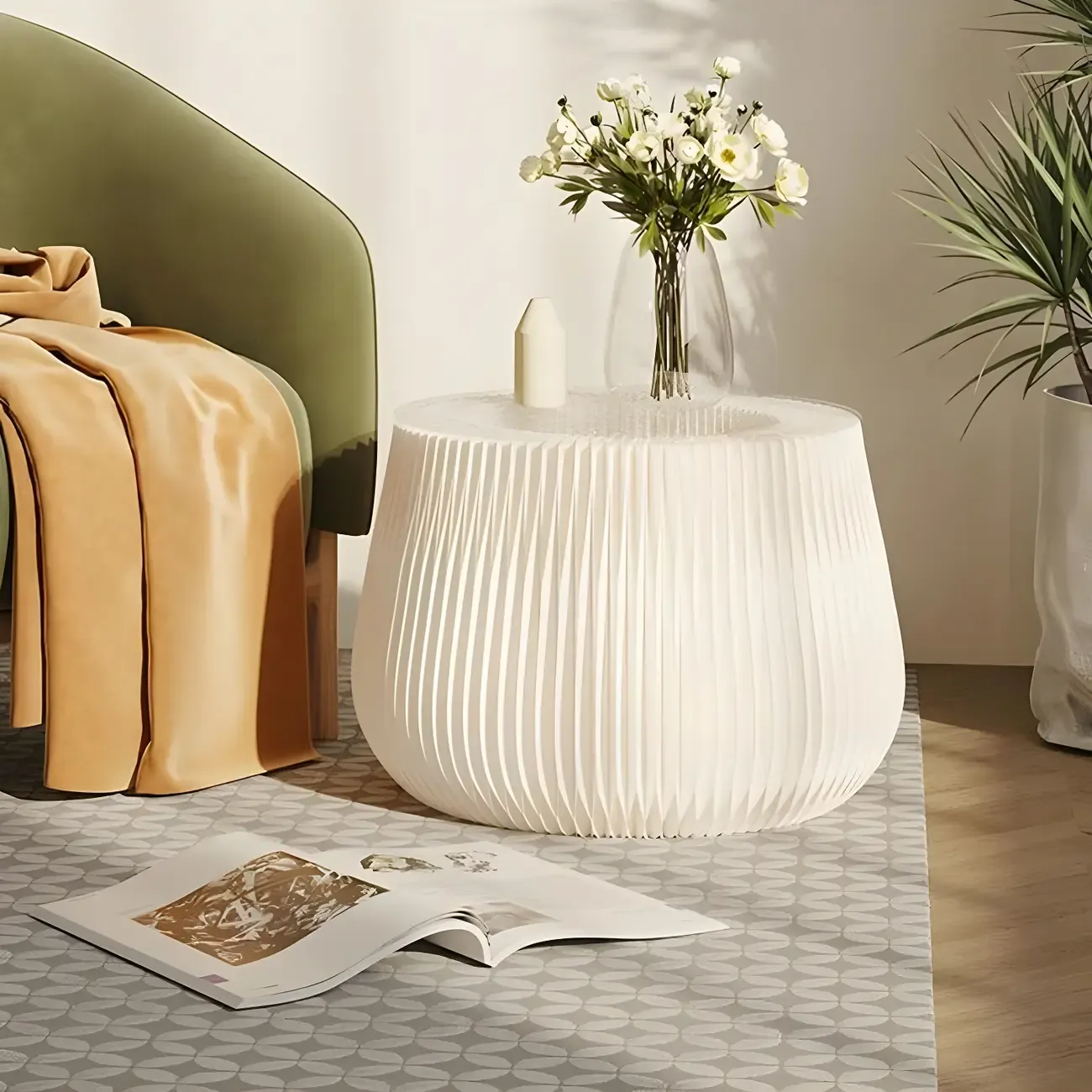 Foldable Round Accent White Drum End Table with Storage