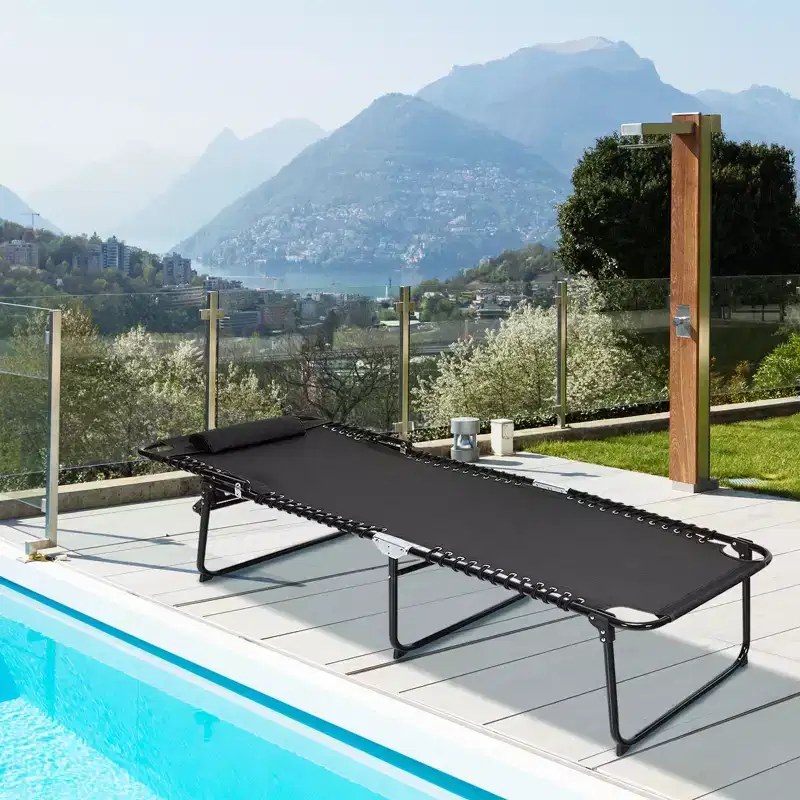 Gymax Outdoor Beach Lounge Chair Folding Patio Lounge Chaise w/ Pillow 4-Level Backrest & Adjustable Peda Backyard Gardens & Rooms Black/Navy/Gray