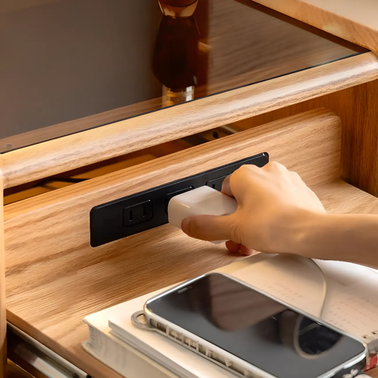 Natural Wooden Multi-Drawer Nightstand with Glass Top