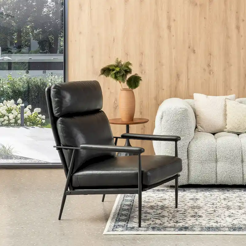 Glitzhome 33.75W Mid-Century Modern Leatherette Armchair With High Back and Padded Arms - 33.75 W x 39.5 H x 28 D