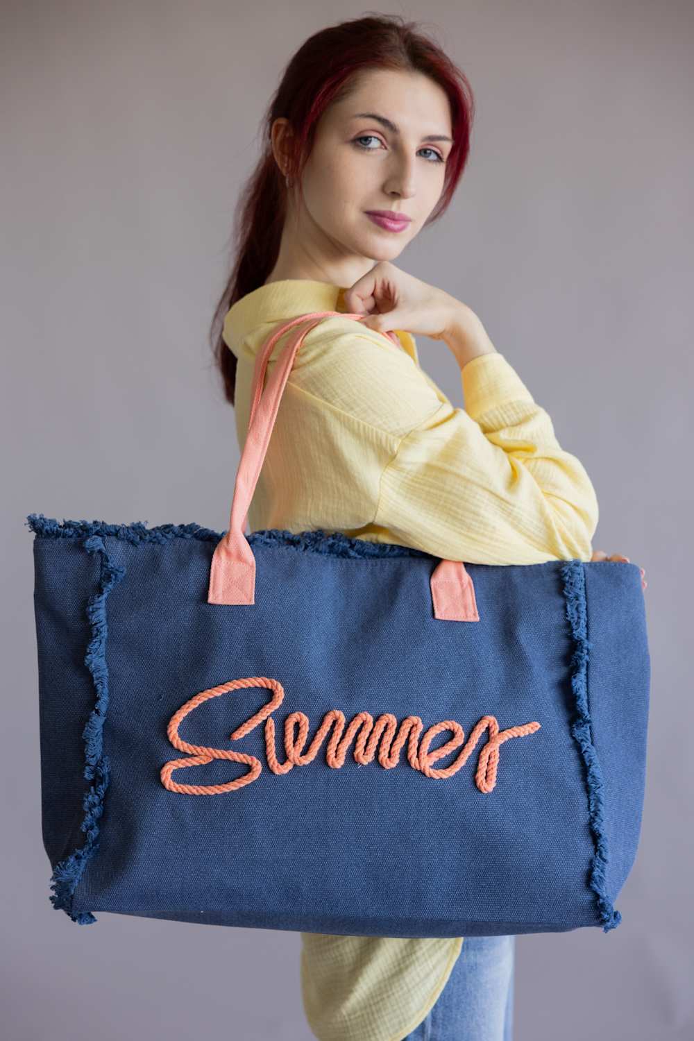 Summer Rope Canvas Tote Bag in Navy/Pink | TB0204-NV