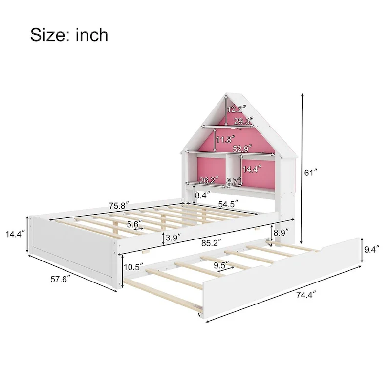 Full Size House-Shaped Bed with Bookcase Headboard and Led Light and Twin Size Trundle for Kids Boys Girls, Pink+ White