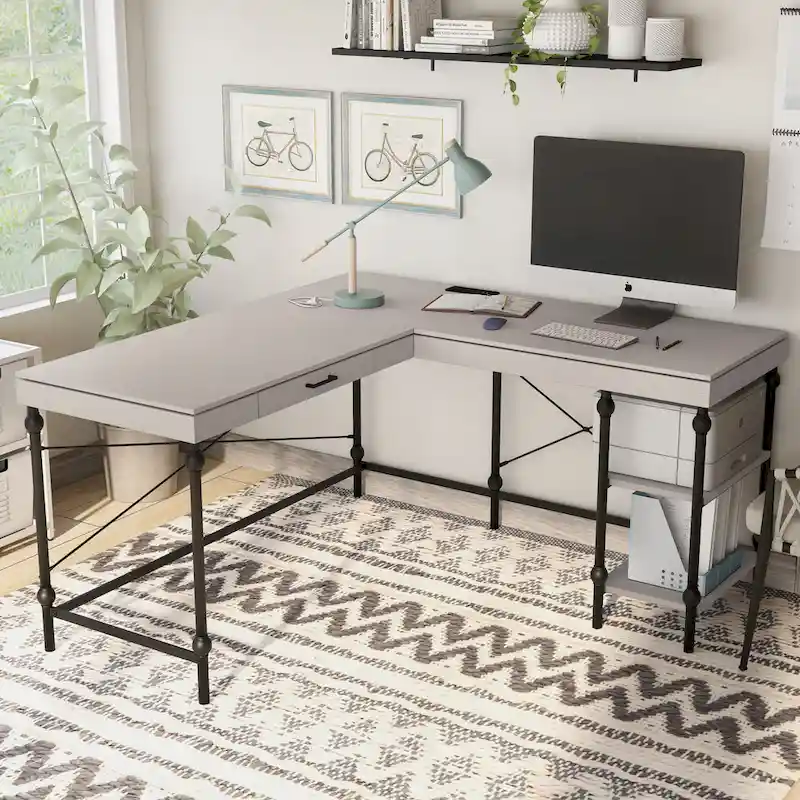 Haley Farmhouse 59-inch Metal L-Shaped Computer Desk with USBs by Furniture of America