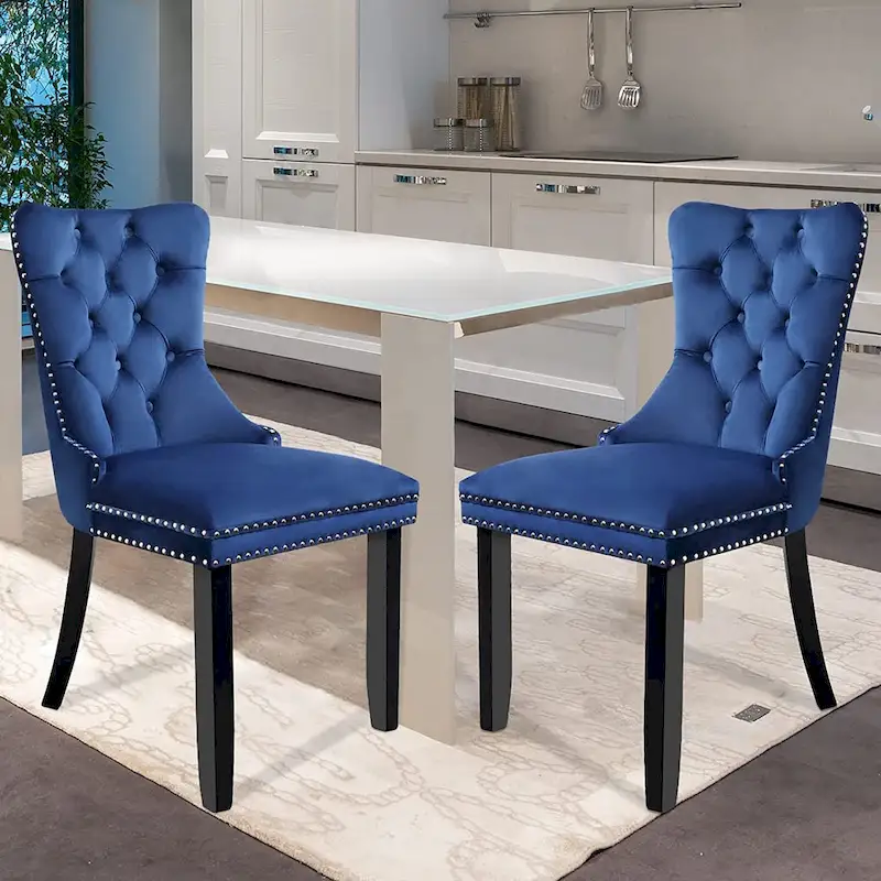 Velvet Dining Chairs Set of 2, Upholstered High-end Tufted Dining Room Chair with Nailhead Back Ring Pull Trim Solid Wood Legs