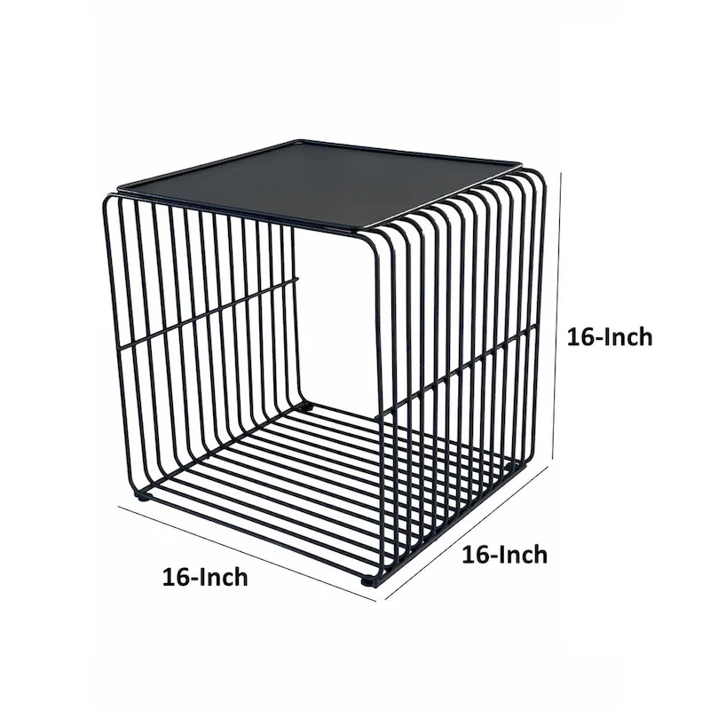 Reo 16 Inch Side End Table, Waterfall Black Metal Wire Frame
