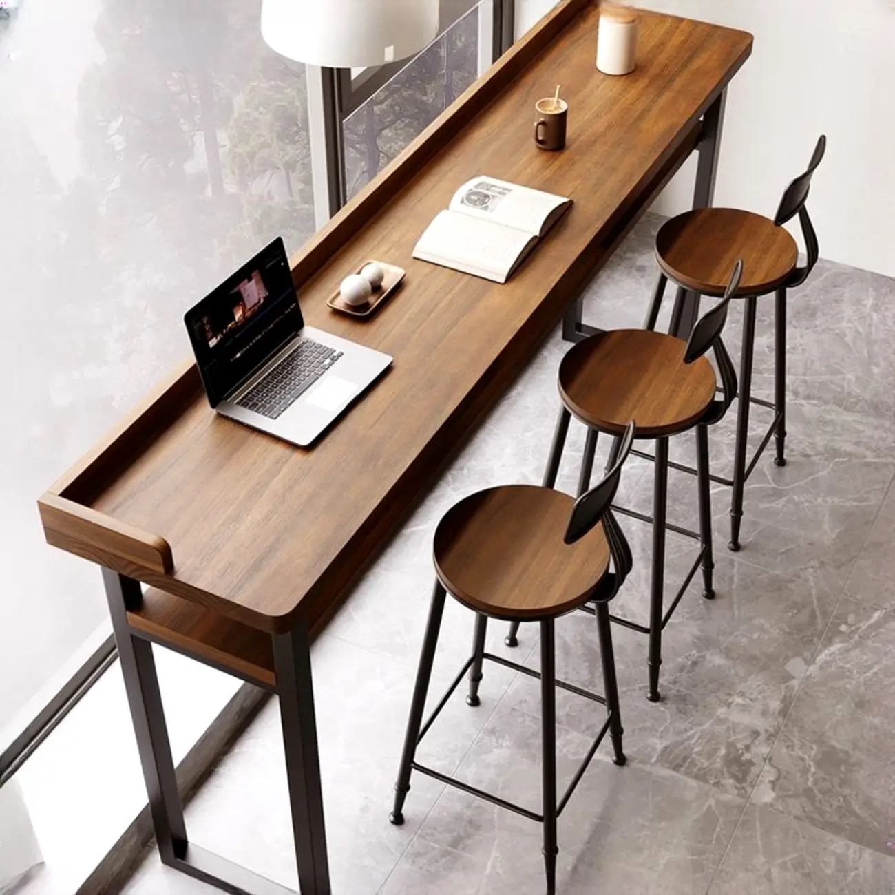 Modern Brown Tray Top Wooden Iron Shelf Bar Tables