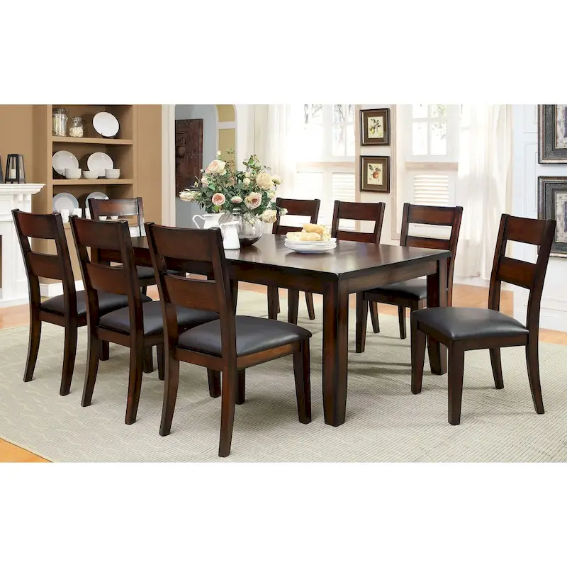 Transitional Dark Cherry Acacia Wood Dining Table with 8 Ladderback Chairs