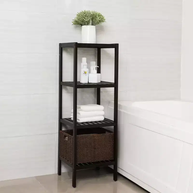 4-Tier Bamboo Shelving Unit, 38.6 Tall Storage Rack, Space-Saving 13x13 Inch Footprint, 4 Adjustable Shelves, for Bathroom, Kitchen, Balcony