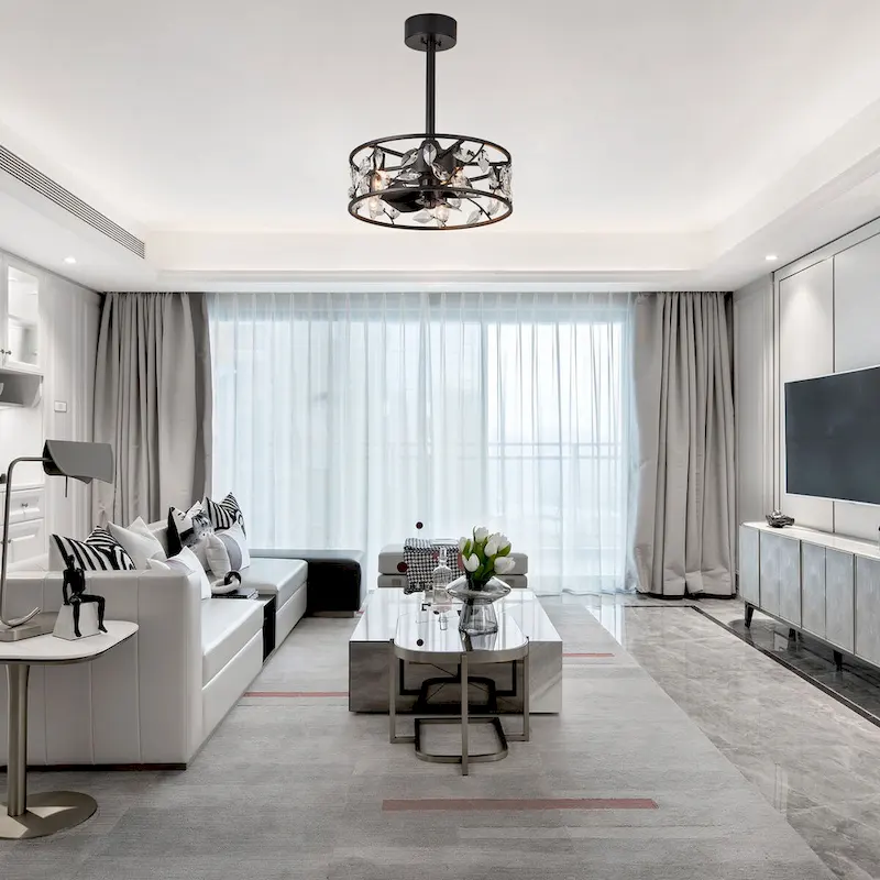 Cusp Barn 18in. Modern Crystal Caged Ceiling Fan With Light, Industrial Metal Shade Reversible 6-Speed Ceiling Fan With Remote