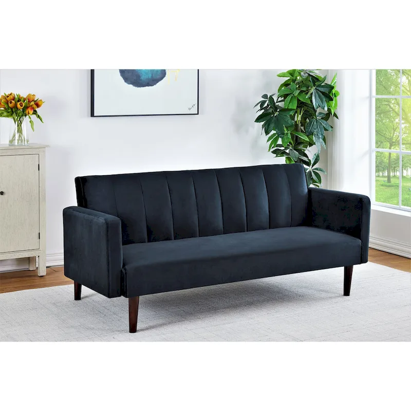 Velvet Sofa Bed, 2-Seater, Tufted Mid-Century, Wood Legs – Black / Rose / Green / Dark Blue / Grey