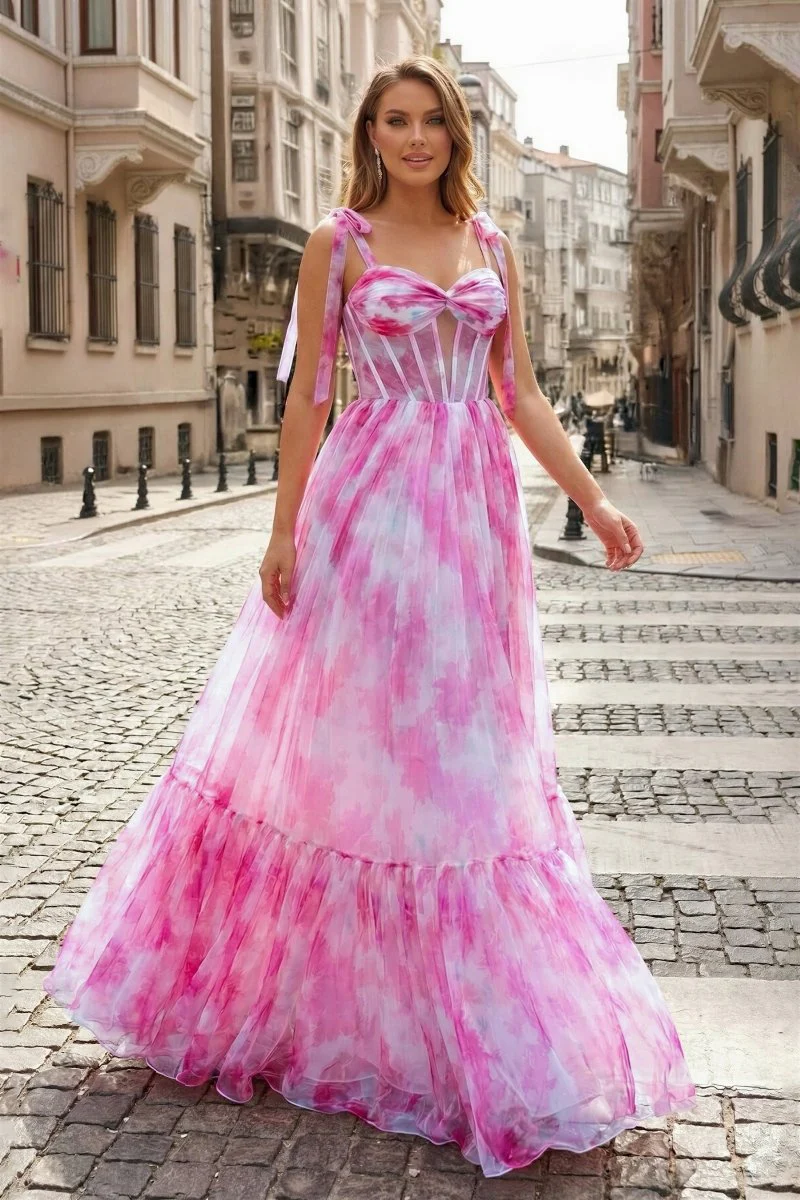 Pink Floral Print Corset A-Line Long Prom Dress with Bow Tie Straps