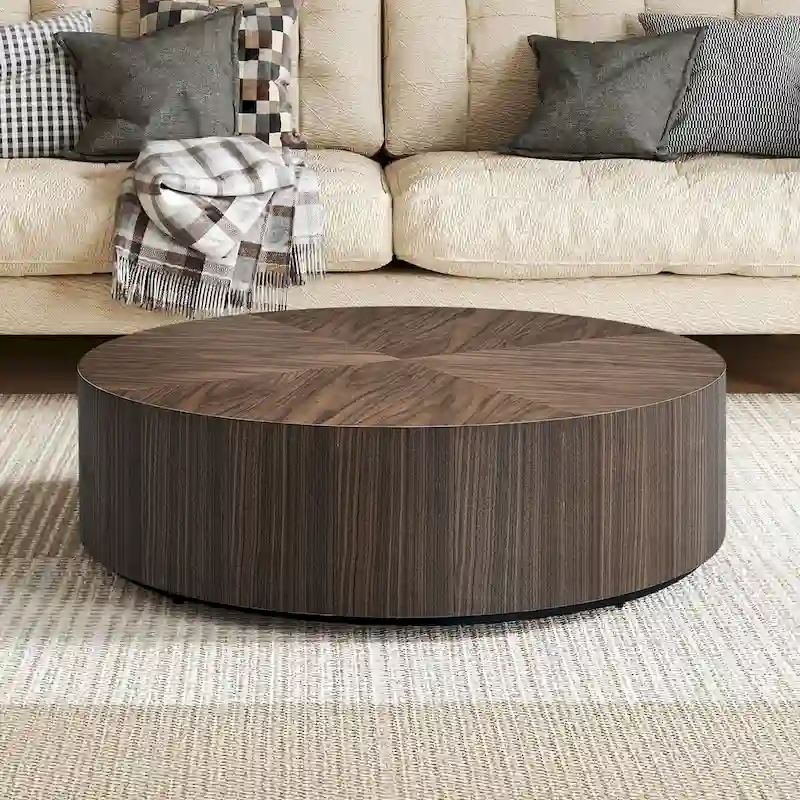 35.43 Modern Round Coffee Table with Solid Wood Base, Wood Grain Top, Ideal for Living Room, Bedroom, Apartment