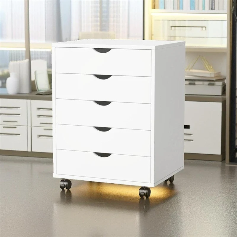 5 Drawer Wood File Cabinet with Wheels and Metal Slides