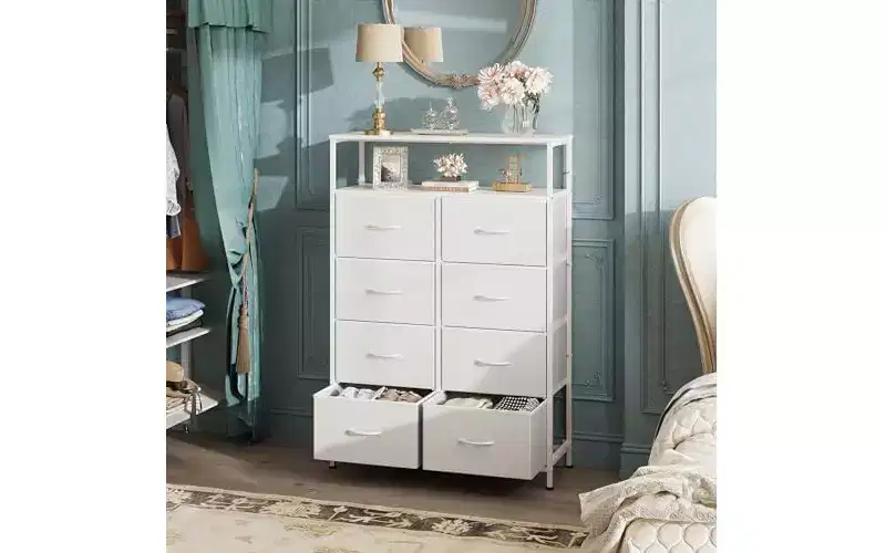 DEXYLLO Fabric Dresser for Bedroom with Open Shelves, Tall Dressers with 8 Drawers, Storage Tower with Fabric Bins, White