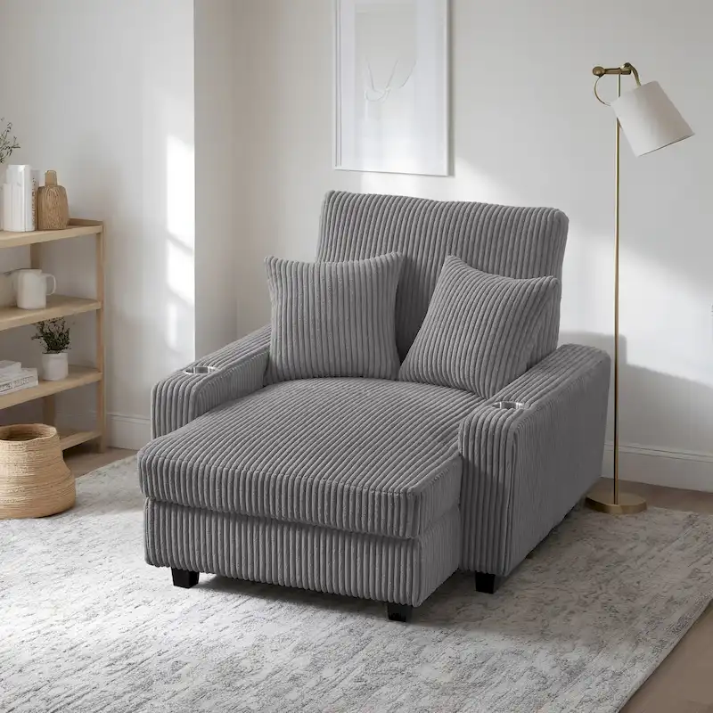 Grey/Beige Upholstered Chaise Lounge Loveseat with Adjustable Backrest, Seats 2