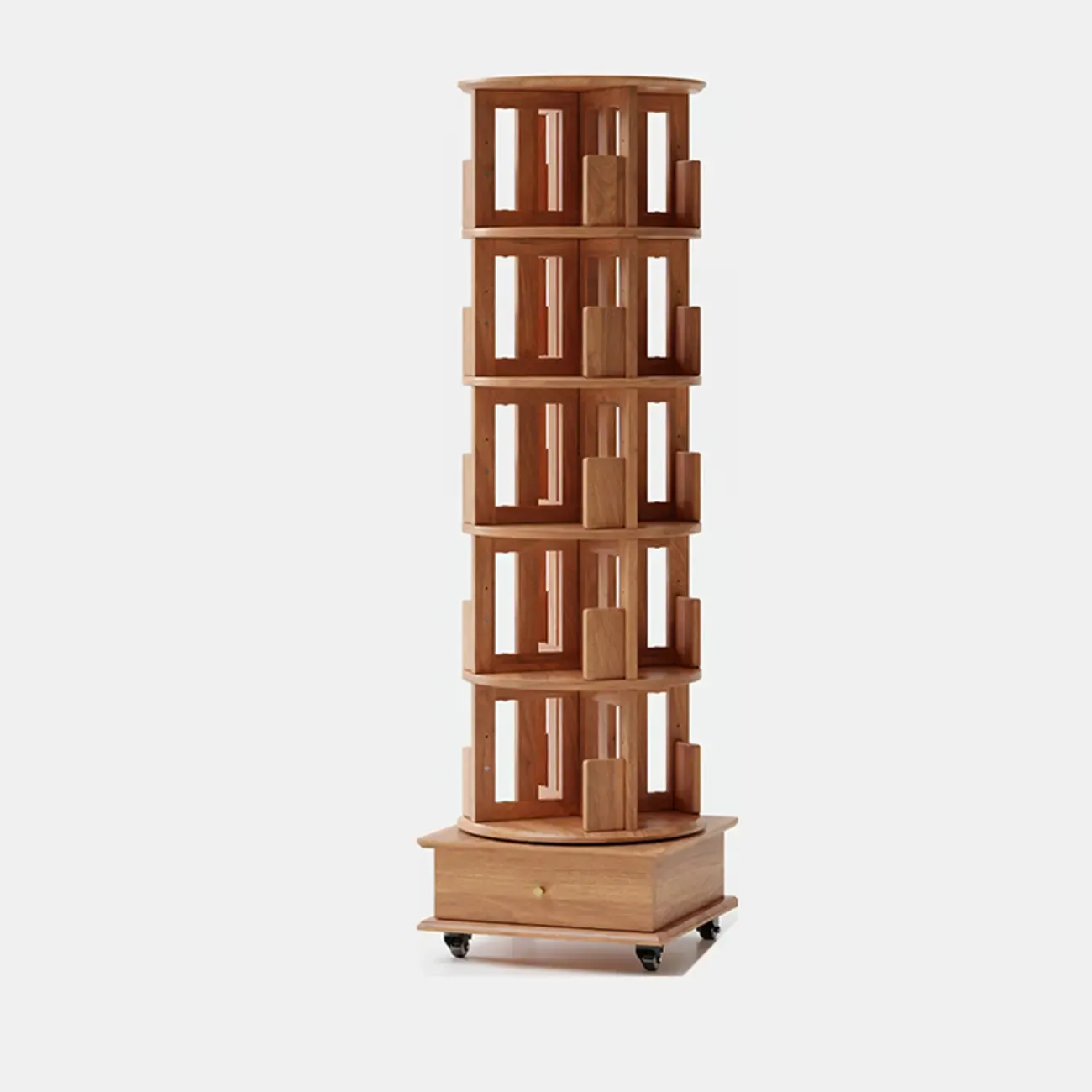 Narrow Cherry Wood Vertical 6 Shelf Rotating Bookshelf