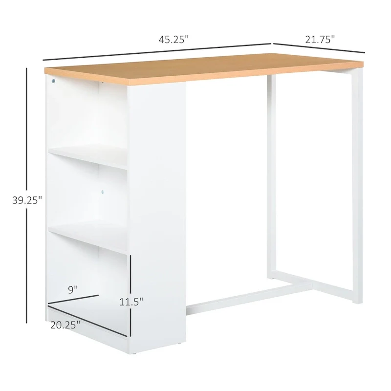 Bar Table with 3-Tier Storage Shelf, Metal Frame, Thick Tabletop - White