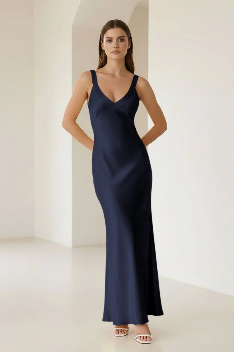 Yellow Mermaid Satin V Neck Long Party Dress