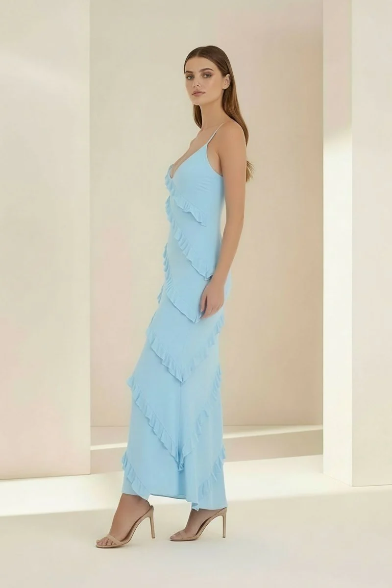 Sky Blue Halter Sheath Satin Backless Long Formal Prom Dresses With Ruffles