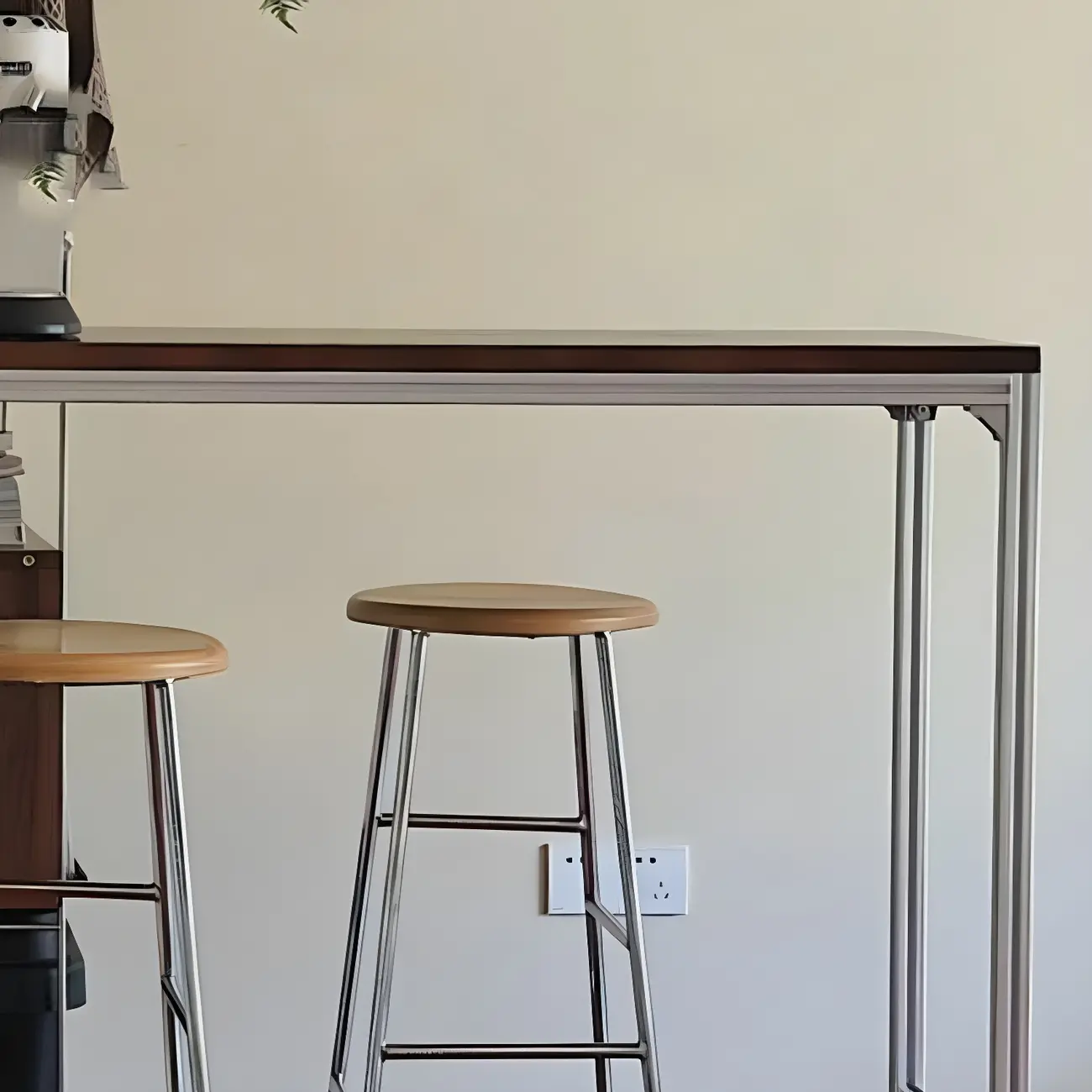 Modern Brown Wood Silver Metal Trestle Bar Tables