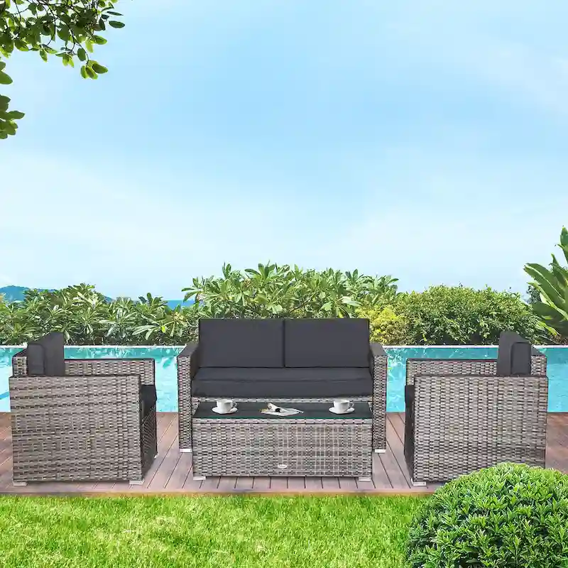 Outsunny 4-Piece Patio Furniture Set with Back Support, Thickly Cushioned PE Rattan Patio Furniture Set