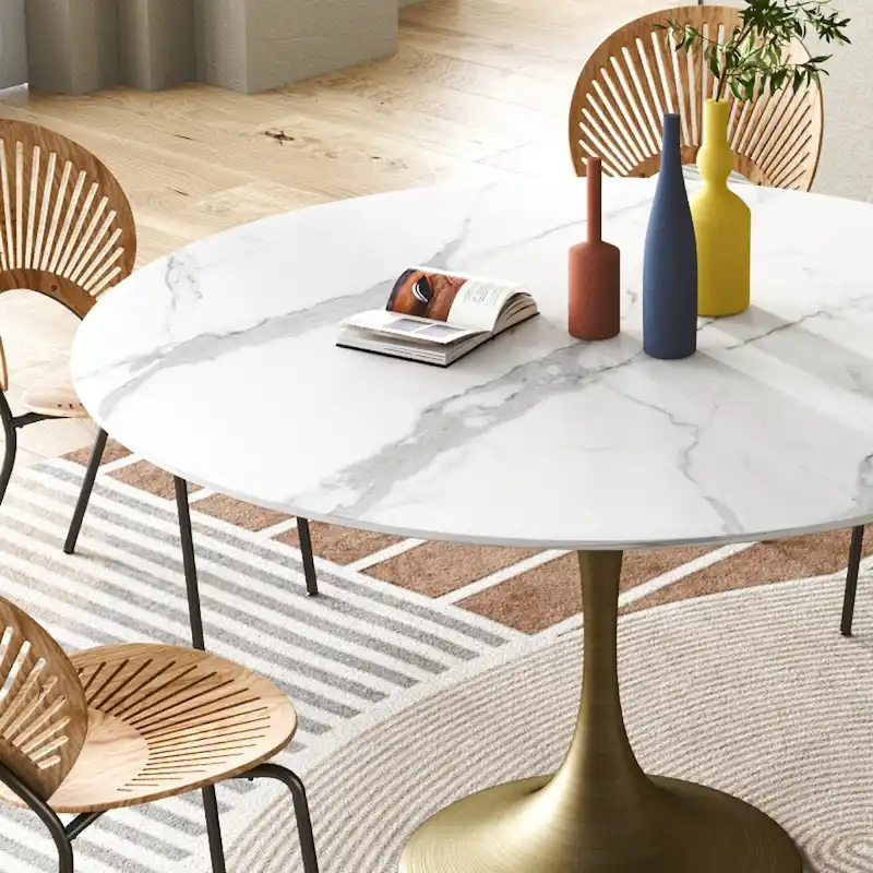 Modern Faux Marble Top Iron Pedestal Dining Table