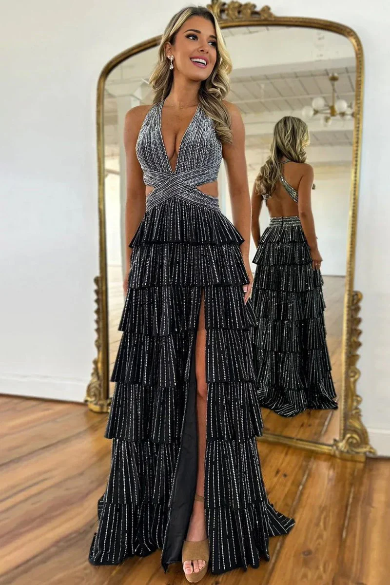 Black - A-Line V Neck Satin Beaded Long Prom Dresses With Ruffles