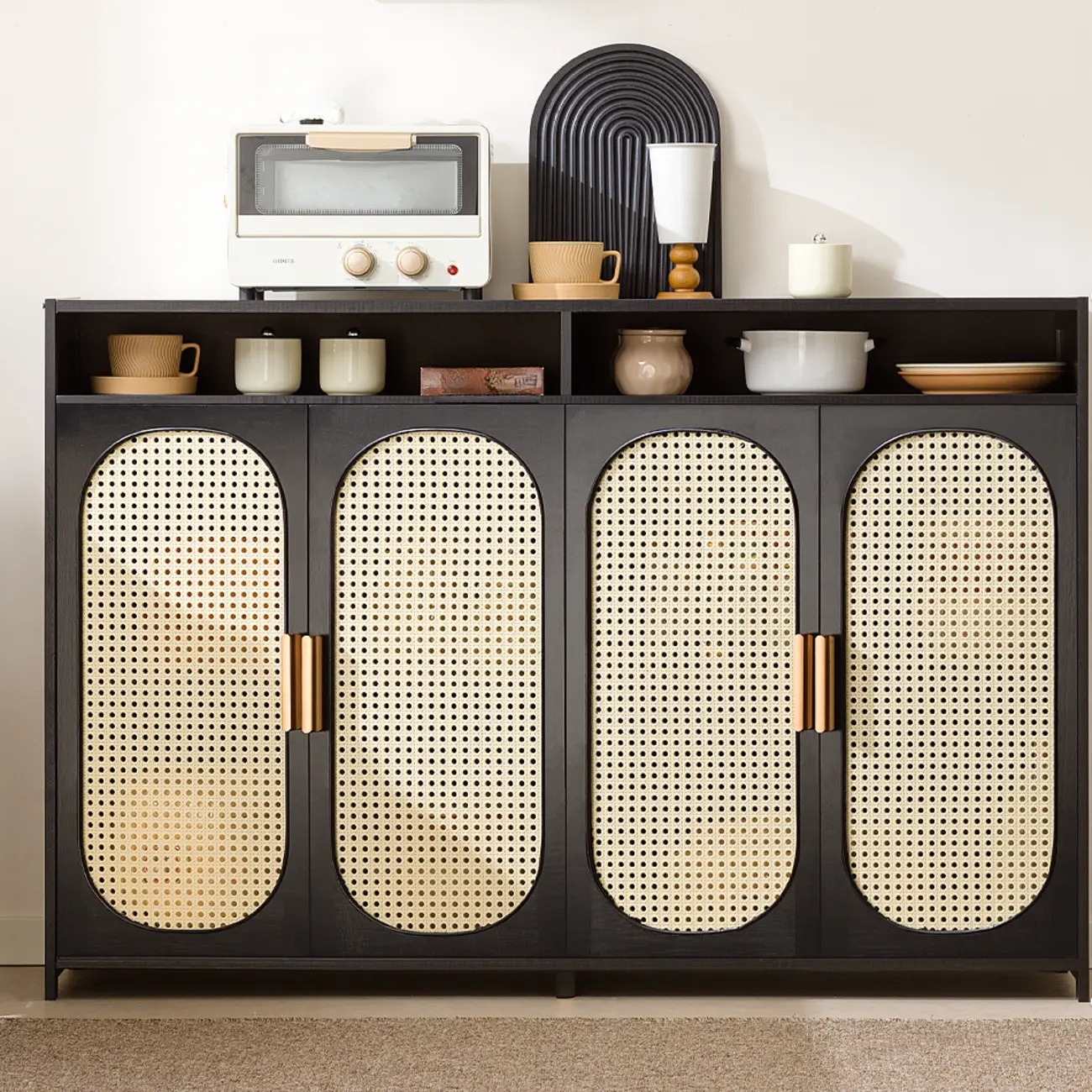 Narrow Rectangular Rattan Bamboo Sideboard with Open Shelf