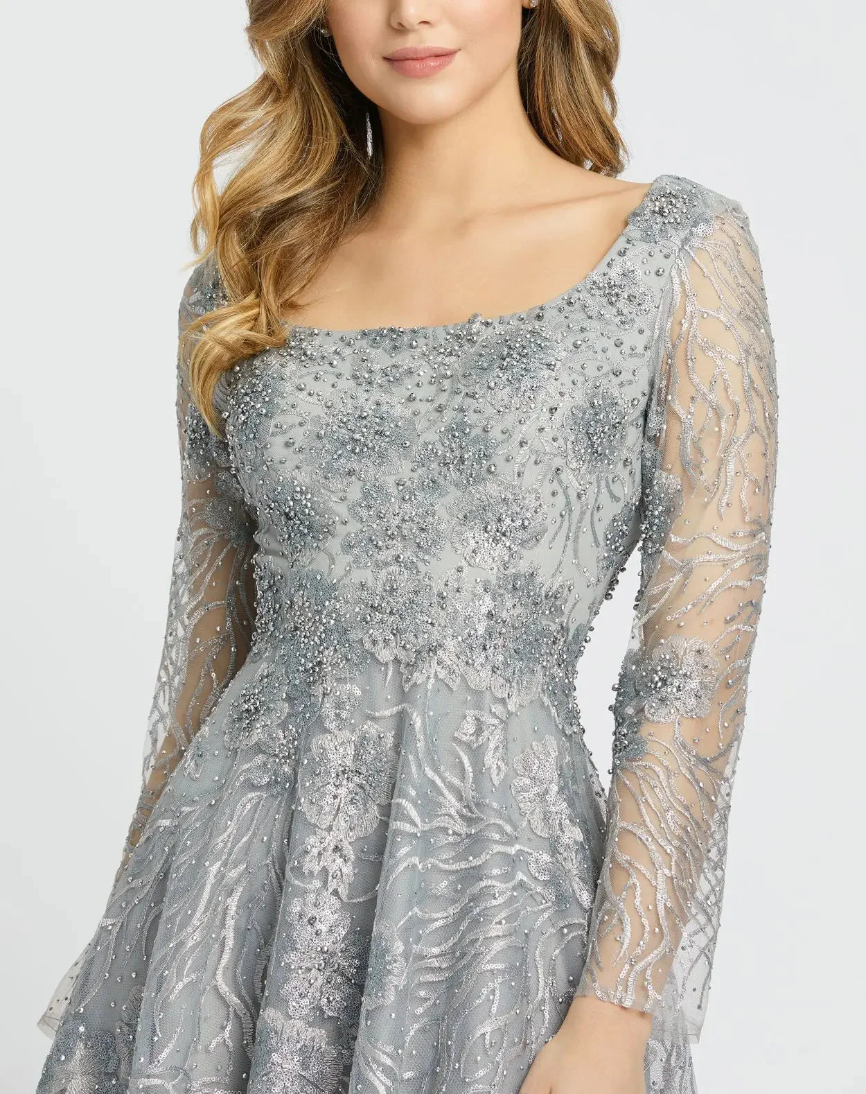 Gray Jewel Encrusted Long Sleeve Square Neck Gown