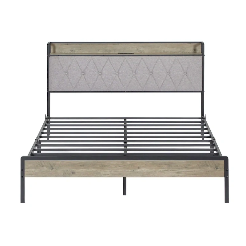 Grey & Queen Bed with Charging Station