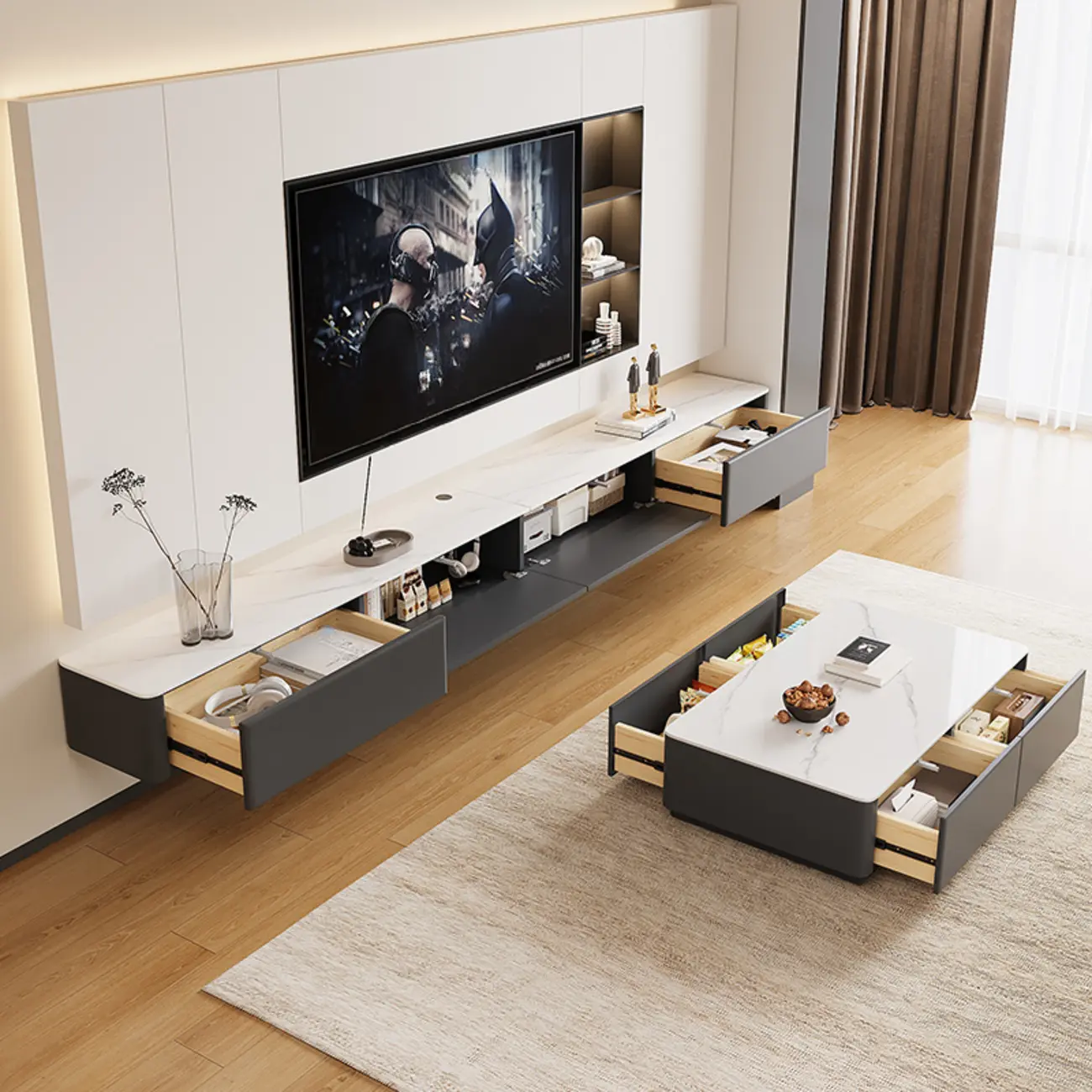 Stone Modern TV Stand with Drawers and Cable Management