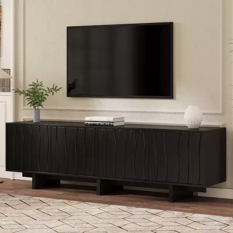 JVNOXK 69-inch rustic-style vintage wood-grain TV stand with wavy cabinet doors, suitable for TVs up to 75 inches; ideal for living rooms