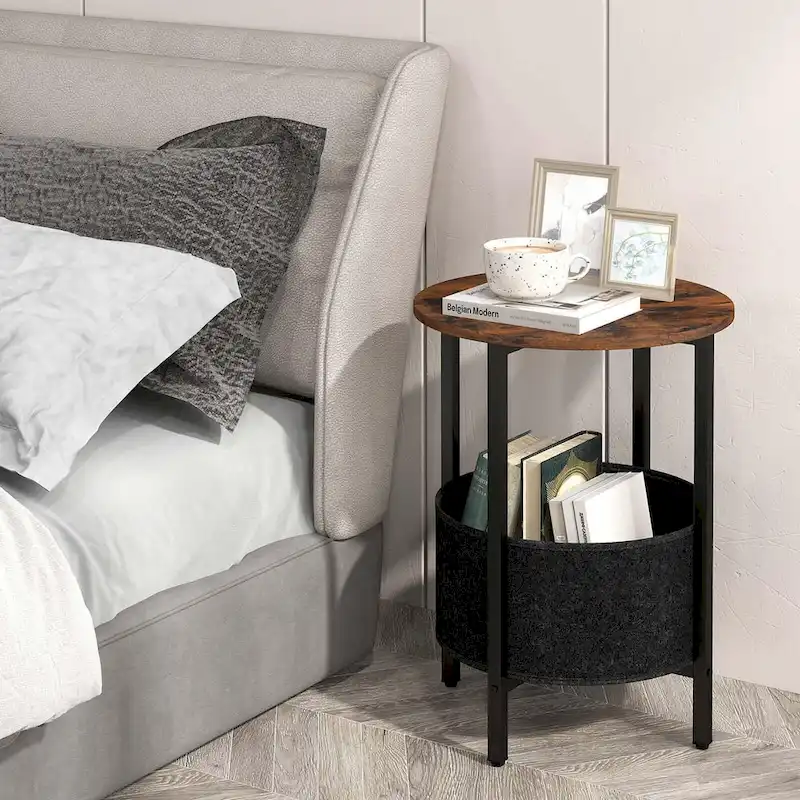 Rustic Brown & Black Round End Table with Felt Basket – 1 or 2 Person Use