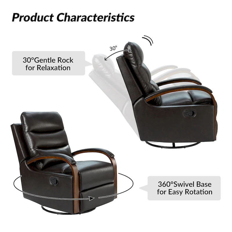 Leopold Modern Genuine Leather Swivel Rocking Manual Recliner Chair with Wooden Arm Accents by HULALA HOME