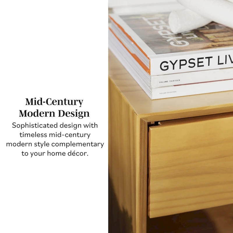 Middlebrook Mid-Century Solid Wood 1-Drawer, 1 Shelf Nightstand