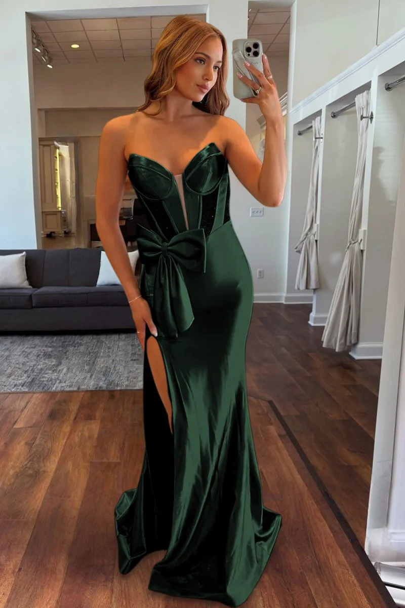 Emerald Strapless Mermaid Satin Long Prom Dresses With Bowknot