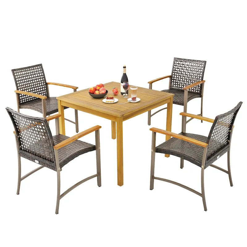 5 PCS Patio Dining Set Acacia Wood Table w/ 1.9 Umbrella Hole
