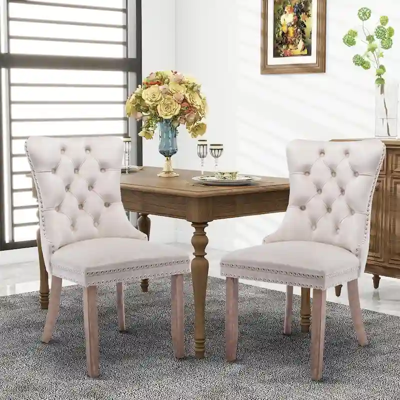 Velvet Dining Chairs, Tufted Solid Wood Armless Chairs Accent Chair with Nailhead Trim and Back Ring Pull