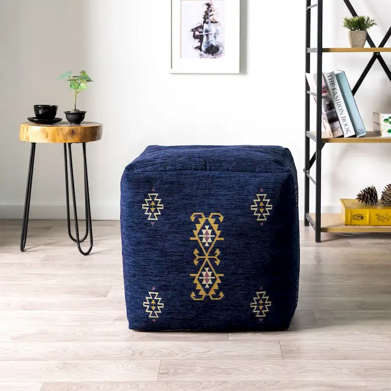 Sevita Navy/Mustard Traditional Damask Polyester Blend Pouf