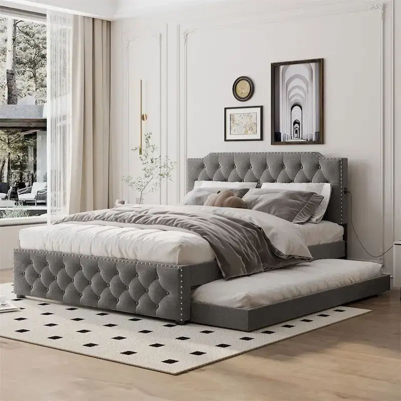Grey/Beige Queen Upholstered Platform Bed with Twin Trundle & USB Ports, Sleeps 2+1