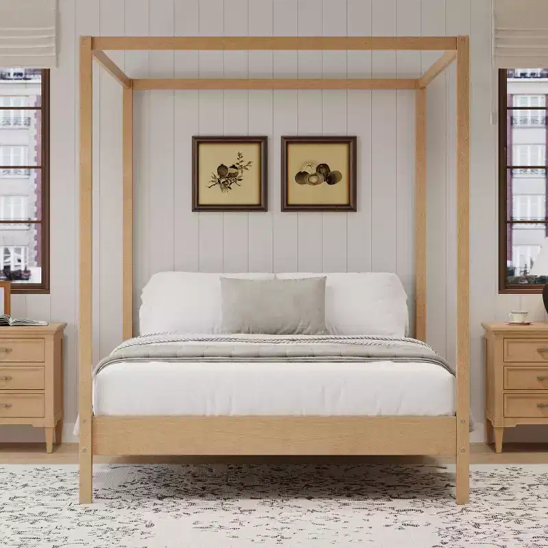 GDFStudio Ford Solid Wood Canopy Bed Frame with Poster Platform and Slats Support