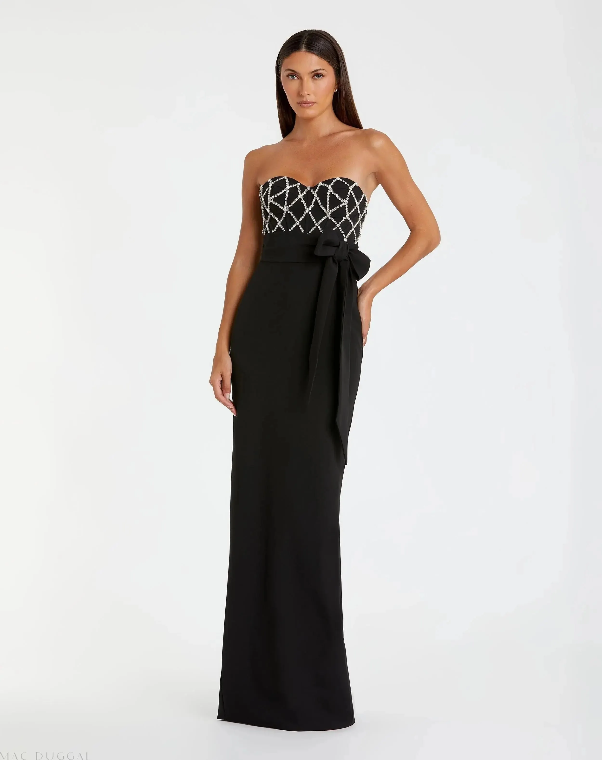 Embellished Strapless Bustier With Bow Crepe Gown