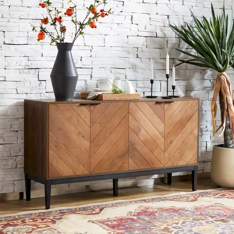 Black & Walnut Herringbone 4-Door TV Stand, 55