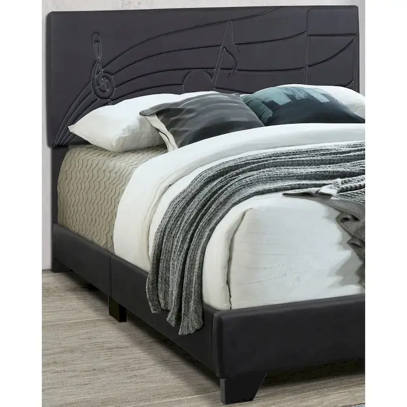 Dark Smoke Black Faux Leather Upholstered Platform Bed – Queen / King – 2-Person