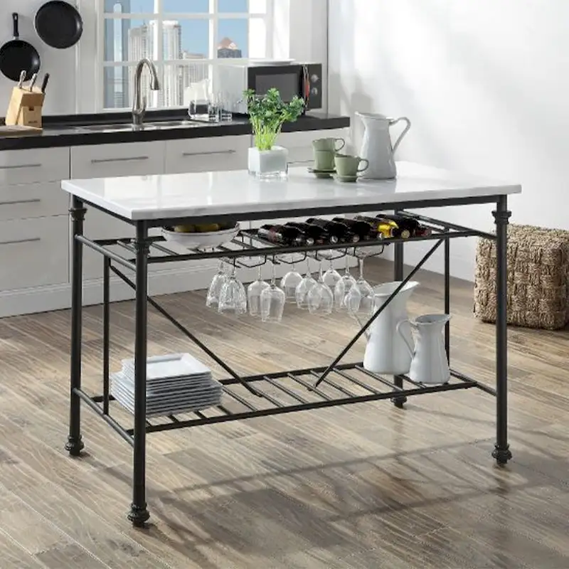 Marble Top Kitchen Island with Wine Glass Storage in White and Gray